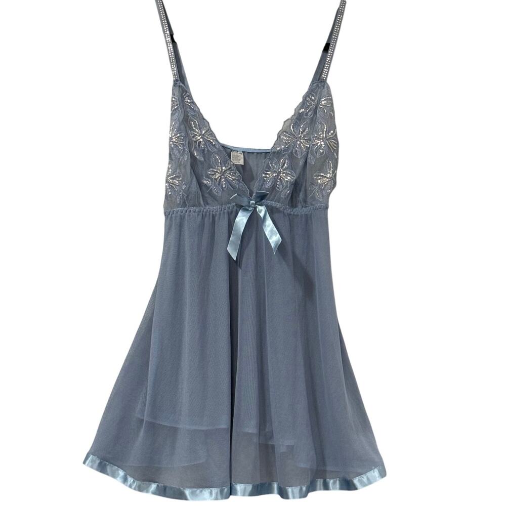 Y2K Blue Lace Mesh Babydoll Cami Top Rhinestone Straps Coquette Sheer Bow XL 00s